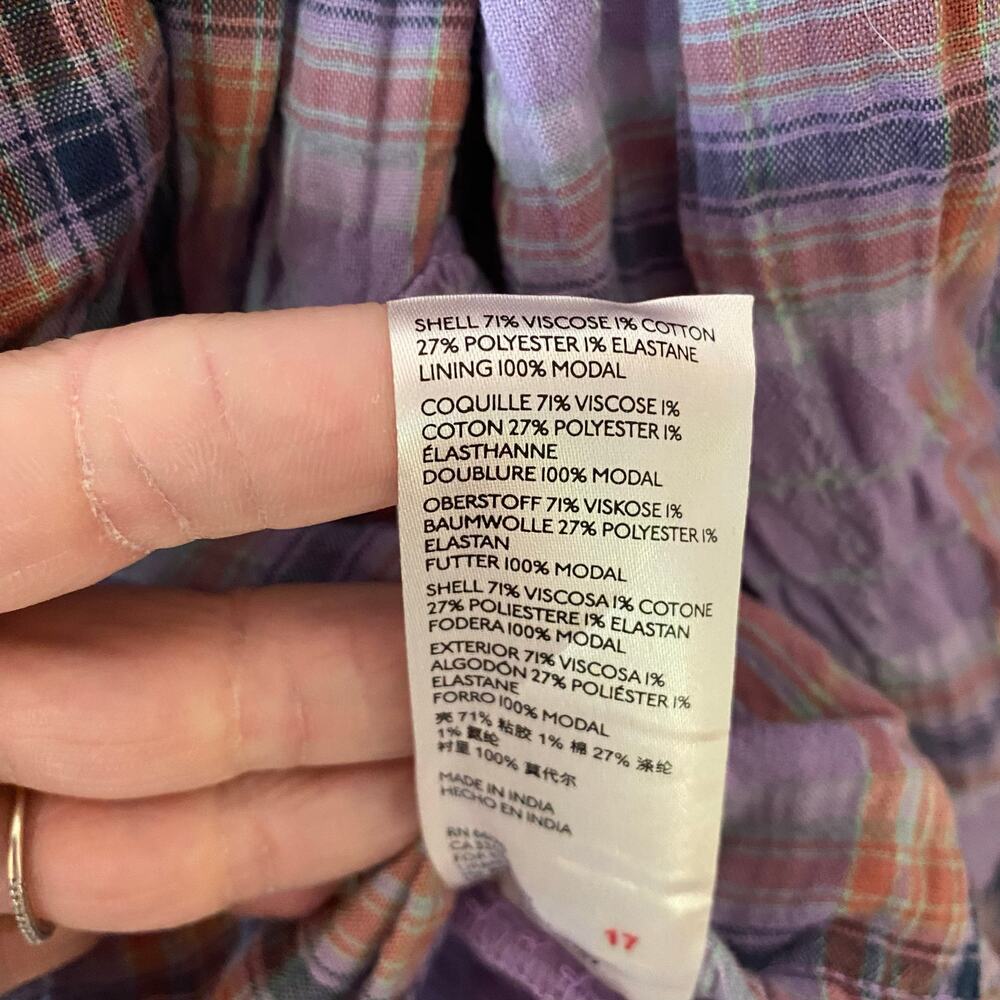 Free People Purple Plaid Puff Sleeve Babydoll Blouse Cropped Women's size Large - Picture 10 of 10